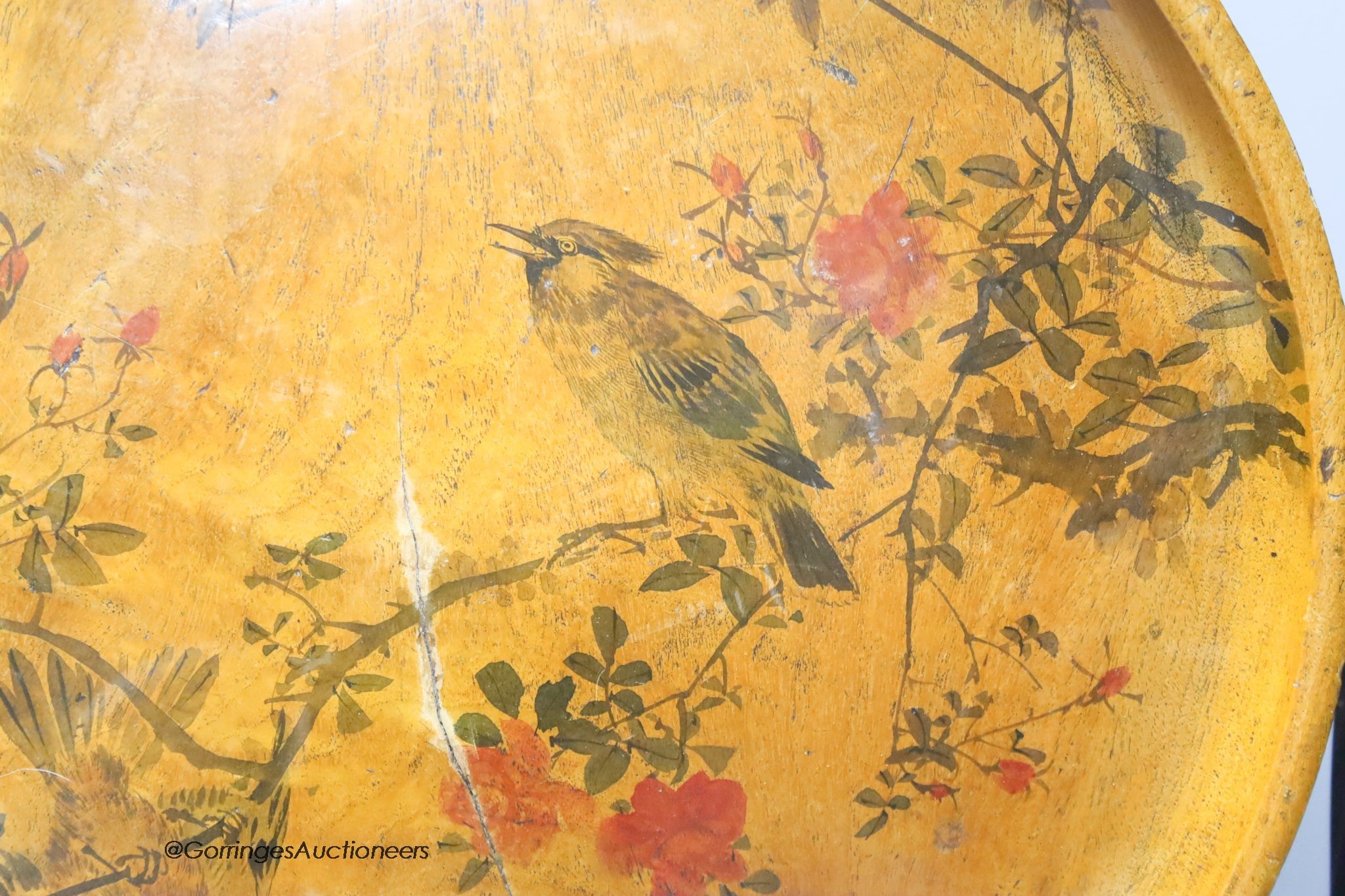 A large Japanese elm charger, painted with songbirds and flowers in the Japanese taste, diameter 51cm